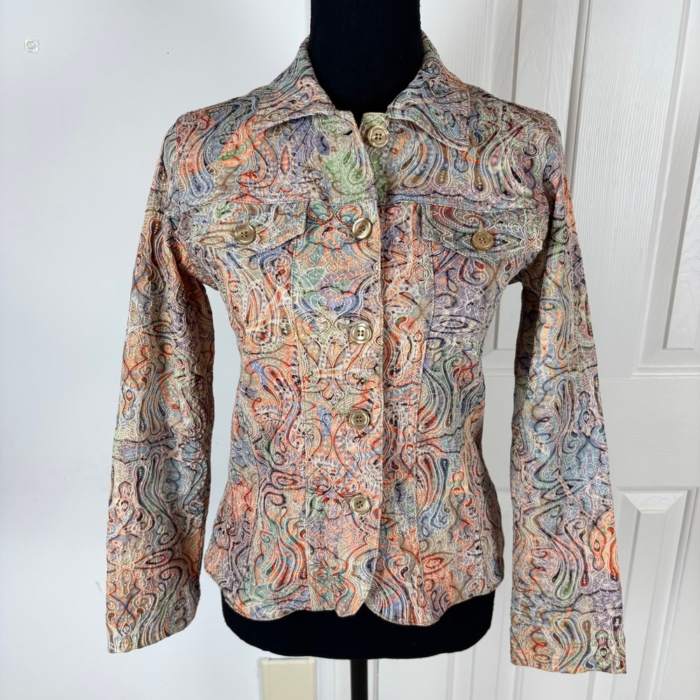 J. Bee Petites Womens Paisley Button Front Trucker Jacket Multi-Color Size PS